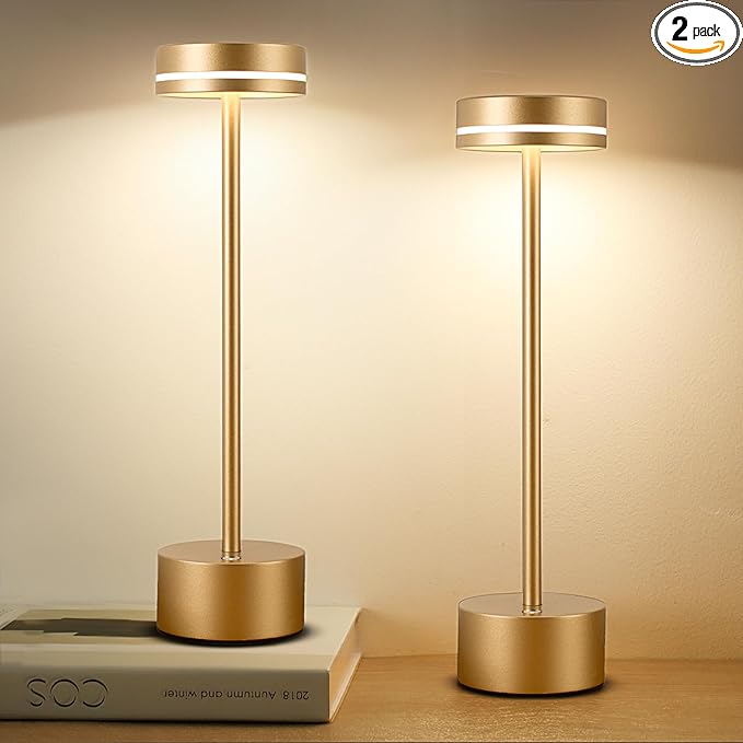 2 Pack Cordless Table Lamp Rechargeable, 3 Way Dimmable Touch Lamp & 5000mAh Long Battery Time, Portable Small Metal Light for Reading/Office/Bedroom/Dining/Nightstand/Desk, Gift for Home Décor – Gold