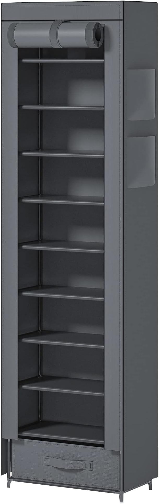 Shoes Rack 10 Tier Tall Narrow Shoe Rack with Bin Covered Shoe Shelf Storage Organizer Closet Stackable Shoe Stand
