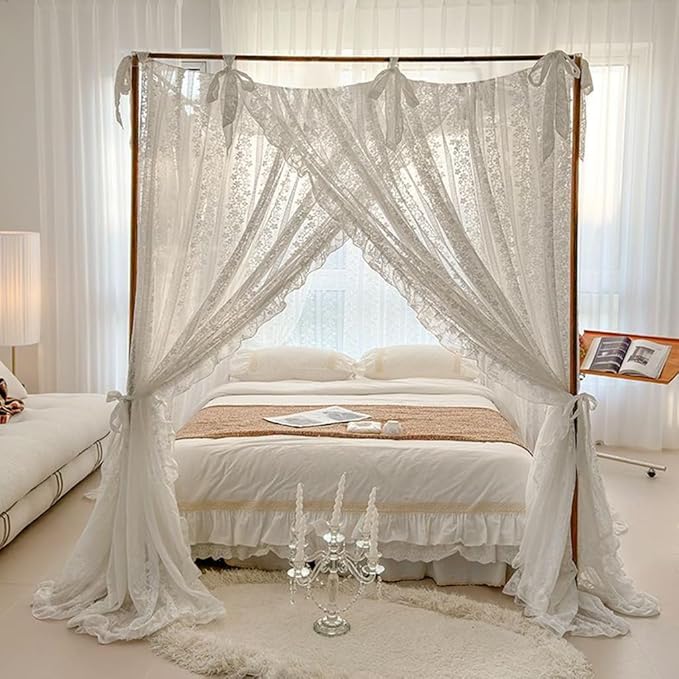 Elegant Princess 4 Corner Post Mosquito Net Romantic for Girls Women Bed Curtain Canopy for Adult Wedding Bedroom Kids Rooms Decoration (Type2-White-Flower, King)