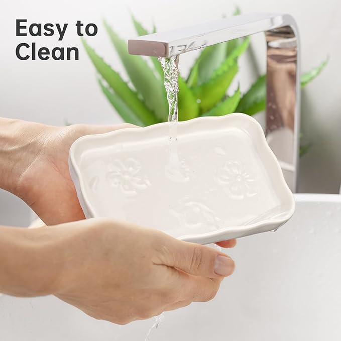 NiHome Ceramic Soap Dish for Bathroom or Kitchen Sink, Raised Floral Design Compact Size 5.7"x3.6"x0.78", Easy to Clean Moisture-Resistant Smooth Surface, Versatile Use for Soap, Jewelry & Accessories
