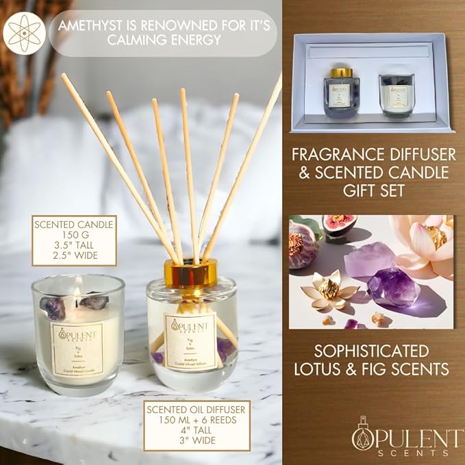 Crystal Candle & Diffuser Set with Amethyst – Fig & Lotus Aroma by Opulent Scents | 100% Natural Soy Wax & Oils | Relaxation & Serenity Gift for Home