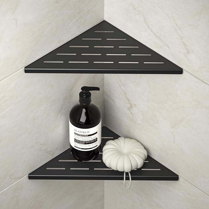 Corner Shower Shelf 10" Matte Black 304 Stainless Steel Slot Design Recessed Corner Shelves Bathroom Shower Shelf for Tiled Wall, 2 Pack