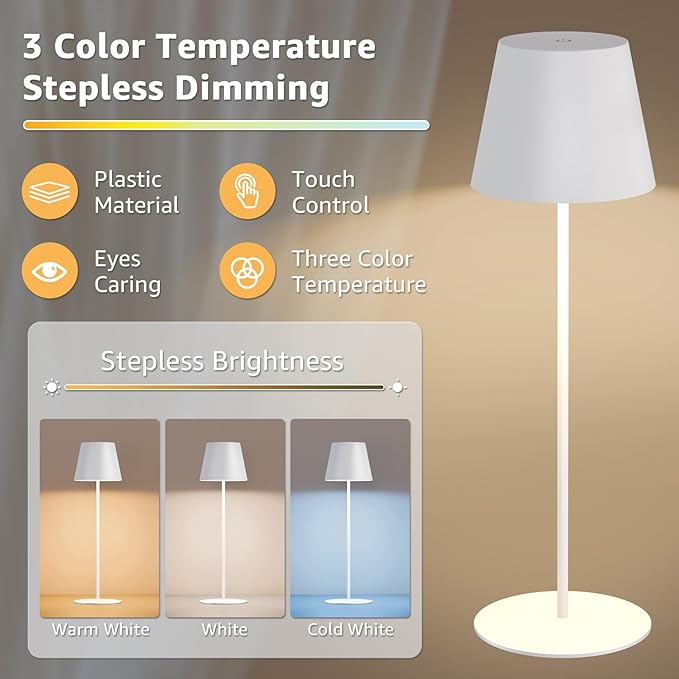uuffoo 2 Pack Cordless Rechargeable Table Lamps, 5200mAh Battery Powered Outdoor Table Lamps with 3 Colors Stepless Dimming, Desk Night Light for Restaurant, Patio, Bedroom, Bar (White)