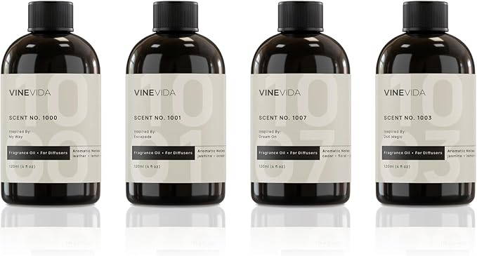 VINEVIDA (Pack of 4) Hotel Fragrance Collection Diffuser Oil - Hotel Scents Diffusers for Home - Cold Air Diffuser Oil - Hotel Scent Essential Oil, Diffuser Scents No. 1000, No.1001, No.1007, No.1003