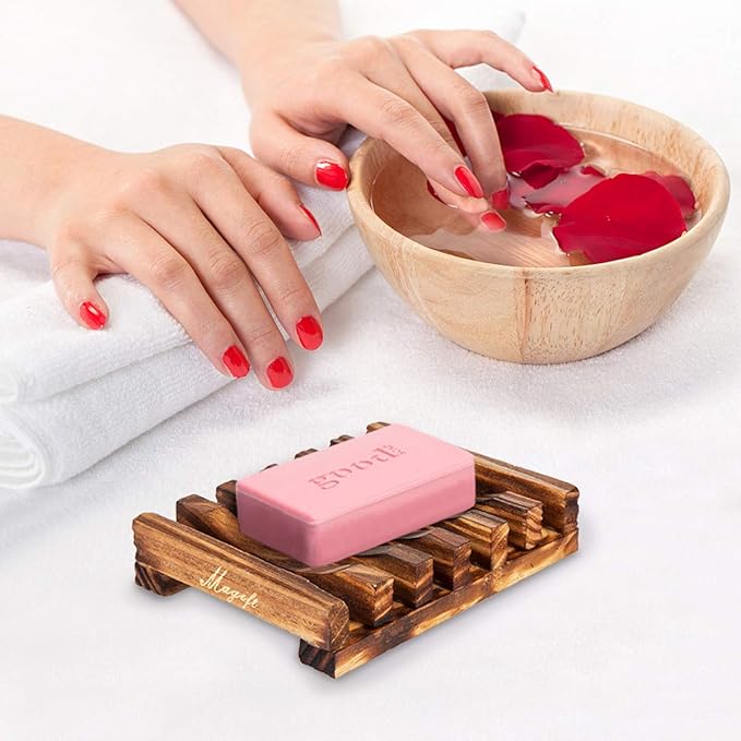 Soap Dishes, Wooden Soap Holder for Bathroom/Shower, Bar Soap Case with Slanted Waterfall Design, Self Draining Soap Saver for Shower, Kitchen, Sinks, Sponge, Scrubber (Wood 1 Pack)