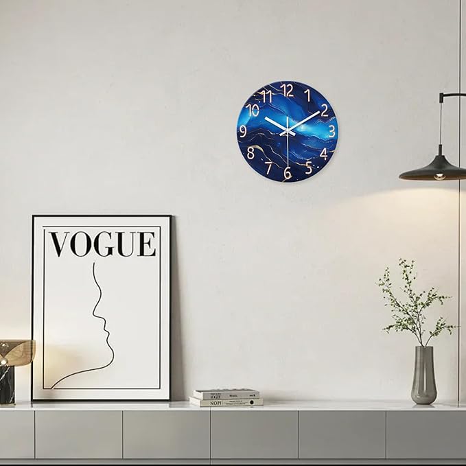 Glass Wall Clocks Battery Operated 14 Inch Modern Abstract Wall Clock for Bedroom Blue Wall Clock Silent Non Ticking