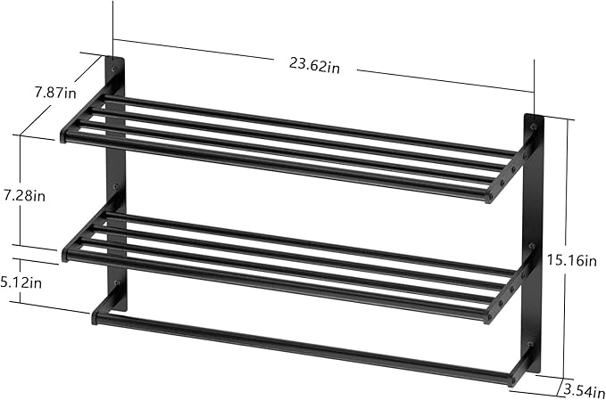 Hotel Towel Rack with 3-Tier Shelf, 24 Inch Wall Mounted Bathroom Bar, Matte Black Lavatory Bath Tower