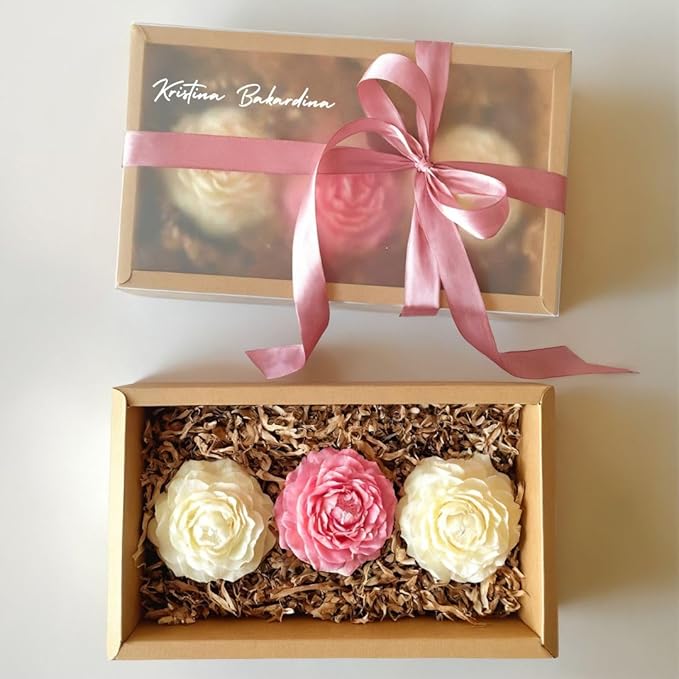 Floral Soy Candle Gift Set, Valetntine's Candles, Handmade Candles for Home, Office, Weddings & Birthdays, Soy Wax Candles, Present Box with Candles, Peony Candles