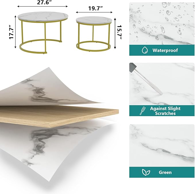 Smuxee White Nesting Coffee Table Set of 2, 27.6" Round Coffee Table Wooden Marble Pattern with Adjustable Non-Slip Feet, Industrial End Table for Living Room Bedroom Balcony