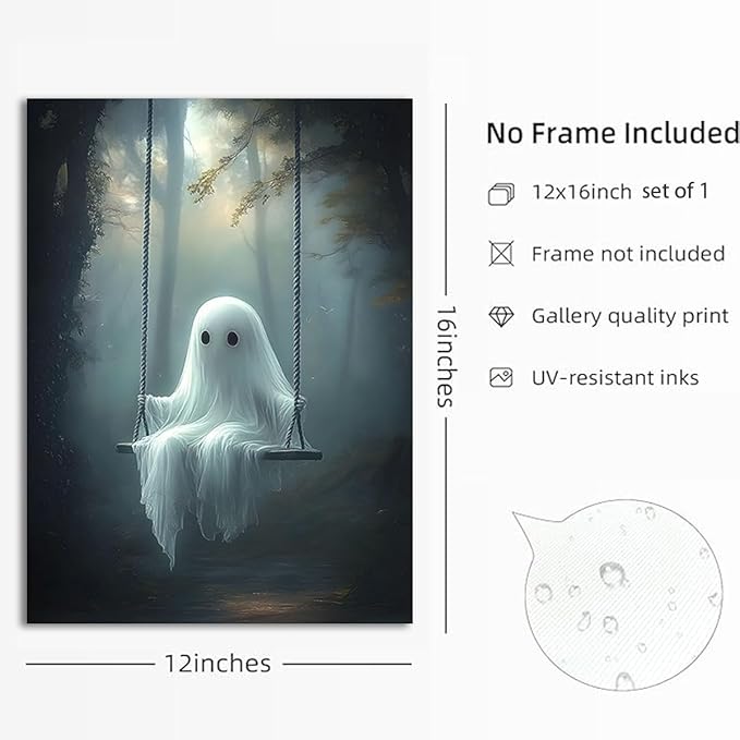 ILLBDR Cute Ghost Canvas Wall Art Halloween Decor Vintage Painting, Spooky Silhouette Ghost Haunted House Art, Bedroom Gothic Decor Ready to Hang, 12x16 Inch Unframed