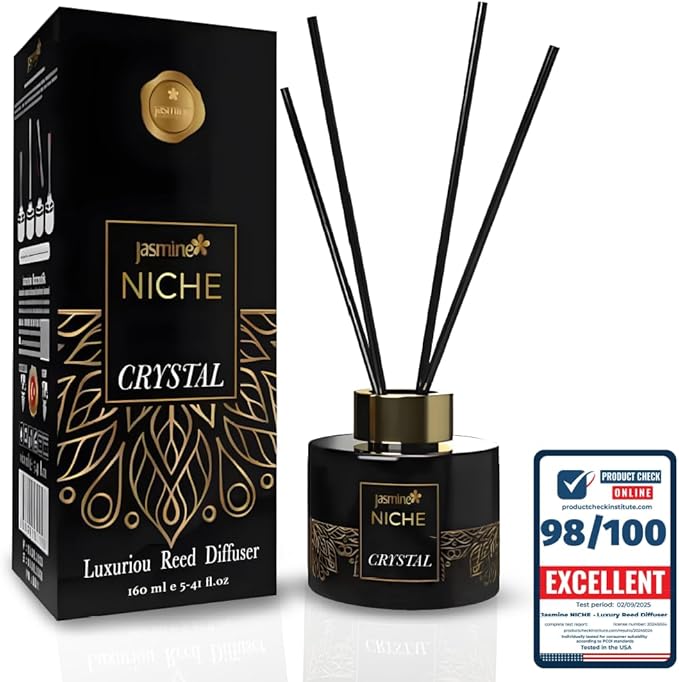 Luxury Jasmine NICHE Reed Diffuser Set 5.41 fl oz Long Lasting Home Fragrance Aromatherapy Diffuser with 6 Sticks Black Gold Bottle for Bedroom Bathroom Living Room Office Home DΓ©cor (Crystal)