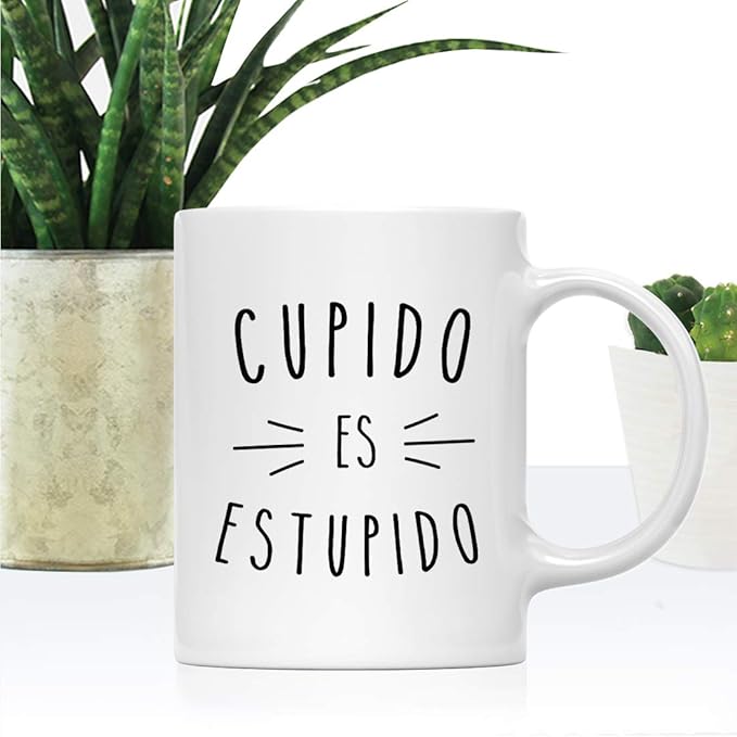Andaz Press Valentine’s Day Funny 11oz. His Her Couples Coffee Mug Gift, Cupido Es Estupido, 1-Pack, Gift Box