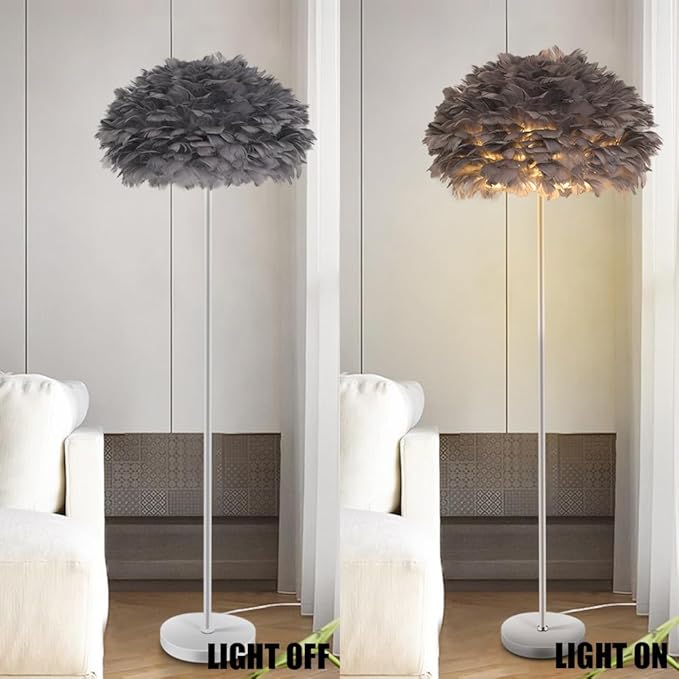 Feather Floor Lamp,Grey Floor Lamp for Bedroom,Unique Floorlamp Home Office Decor,Tall Lamps for Living Room,Goose Feather Lampshade,Modern Standing Lamps for Dinningroom,Corner,Behind Couch