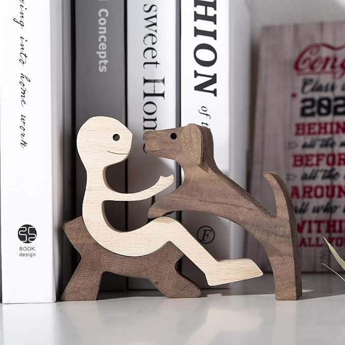 Unique Gift Hand Carved Wooden Man and Dog Statue, Wood Human Dog Figurine Sculpture Home Office Décor, Remember Friendship Between Dog and People (Relaxing Man and Dog)