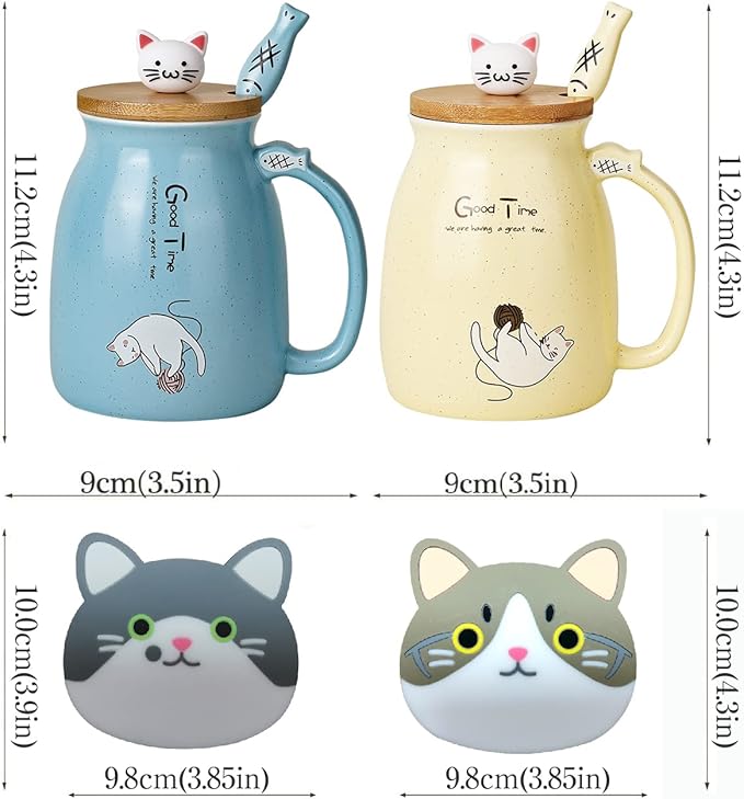 SHENDONG 2 Pack Cat Mugs Cute Ceramic Coffee Cups Set of 2 with Kawaii Bamboo Lid and Spoon Novelty Morning Cup Coffee Milk Tea Mugs - 3d Animal Cat Mugs for Cat Lovers Women Gifts(Blue and Yellow)