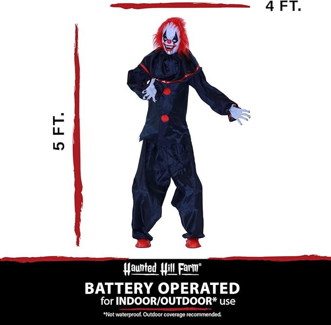 Haunted Hill Farm Life-Size Talking Clown Halloween Animatronic with Touch Activated Lights and Sound, Indoor or Covered Outdoor Scary Halloween Decorations, Battery Operated Fright Props