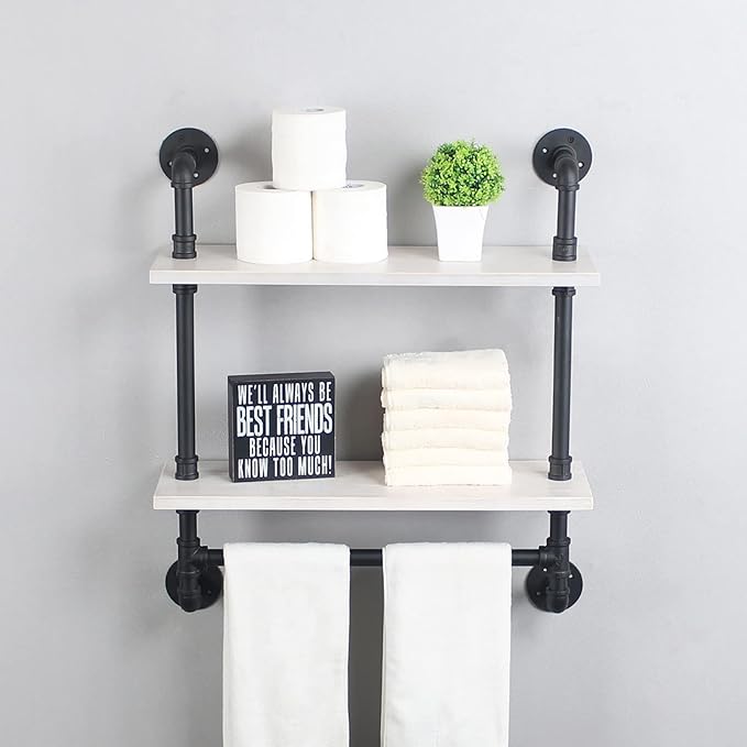 Iron Pipe Shelves Industrial Bathroom Shelves with Towel bar,24in Rustic Metal Pipe Floating Shelves Pipe Wall Shelf,2 Tier Industrial Shelf Wall Mounted,Black & White
