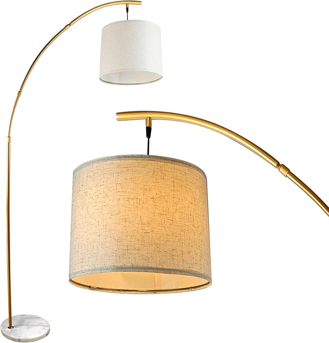 Lightdot Arc Floor Lamps for Living Room, Modern Standing Lamp with Hanging Drum Shade, Tall Standing Floor Lamp with Foot Switch, Over Couch Arched Reading Light for Bedroom, Office (Gold)