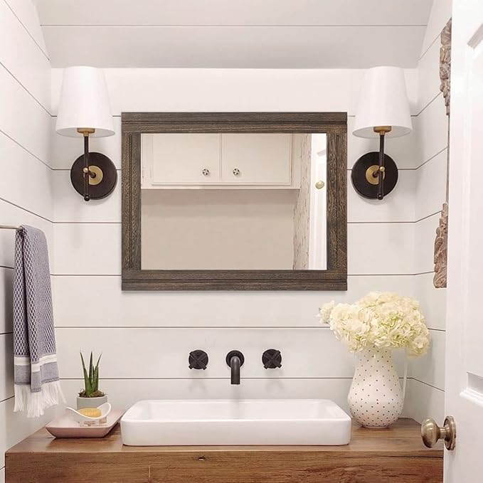 AAZZKANG Rustic Wood Mirror Rectangle Decorative Wall Hanging Mirrors with Frame Large 20"x16" for Bedroom Living Room Bathroom Home Entryway