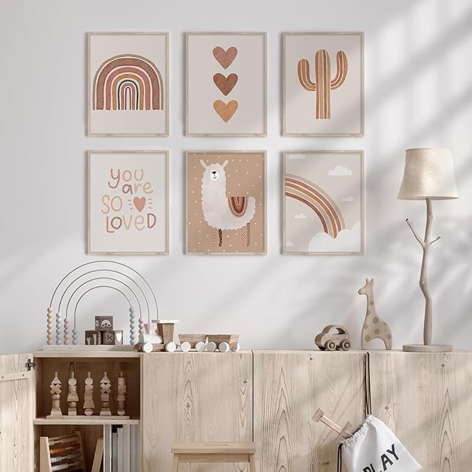 Canssape 6pcs Boho Baby Room Decor Poster, Canvas Wall Art Prints, Rainbow Nursery Wall Decor, Unframed Kids Wall Decor for Baby Girl Room Art, Heart Color, Animal Theme, Watercolor, 8x10 inch