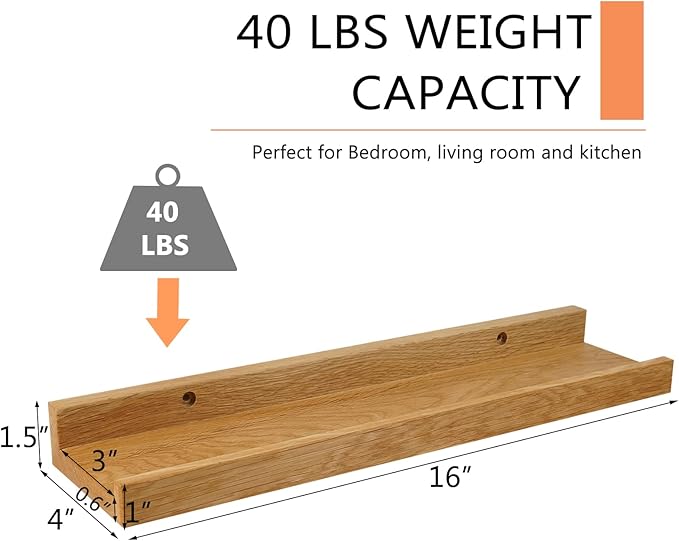 16 Inch Floating Shelves Wall Mounted Set of 2, Rustic Wall Shelves for Decor and Storage, Natural Solid Oak Wood Shelf, Picture Ledge for Bedroom/Bathroom/Living Room/Kitchen, Natural Color, 16*4*1.5
