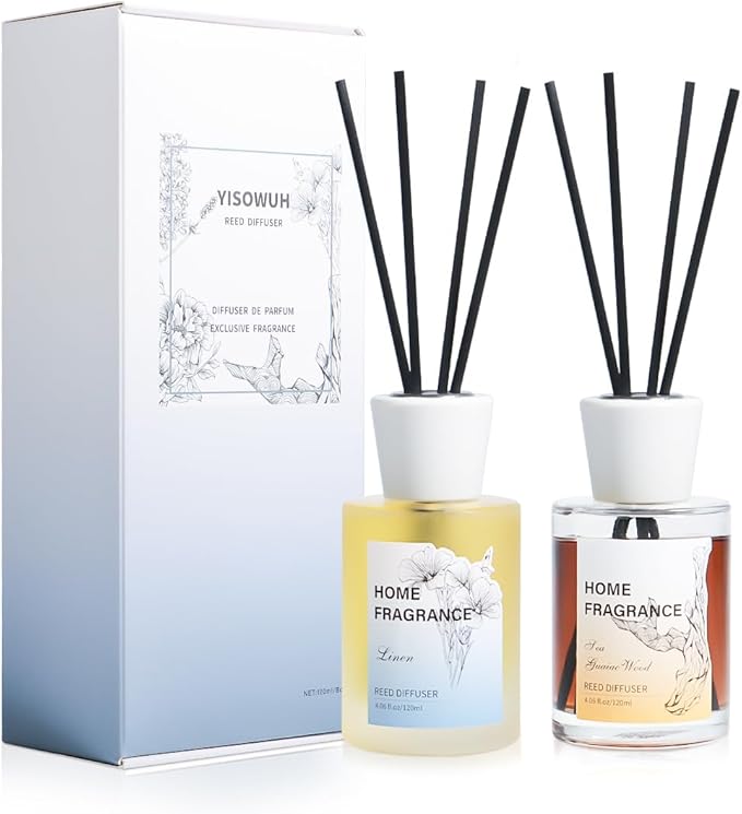 Reed Diffuser - Linen&Sea Guaiac Wood 4.06oz (120ml) 2 Packs Essential Oil Reed Diffuser Set with 16 Sticks, Long Lasting Fragrance for Home, Bathroom, Bedroom, Room, Decor