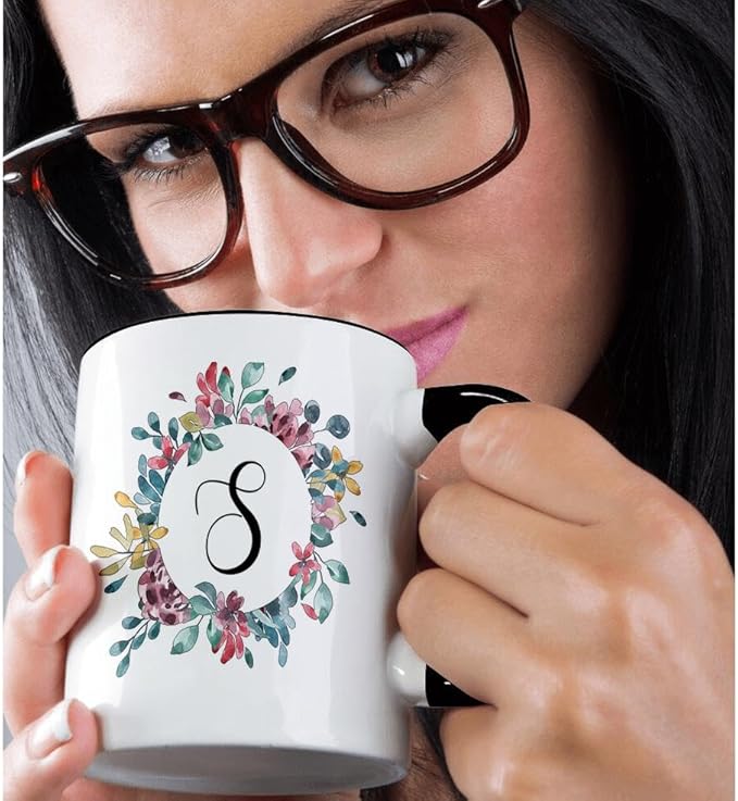 3dRose Coffee Mug, Size - 15oz - Pretty Watercolor Floral Circle Frame With A Monogram Initial S Monogram Initial - funny coffee cup gift