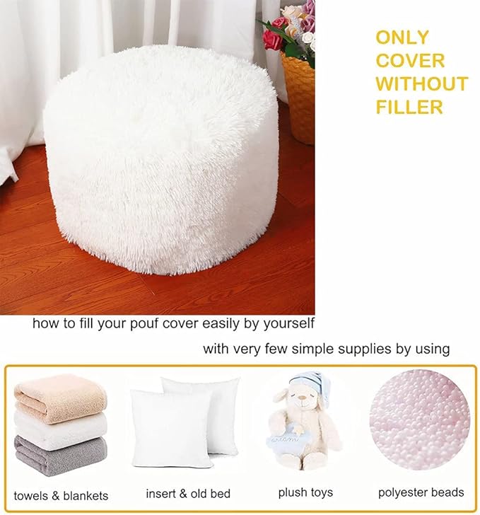 Asuprui Ottoman Pouf Unstuffed Ottoman Foot Rest 20x12 Inches Floor Pouf Round Floor Bean Bag Chair No Filler Foot Rest with Storage for Living Room Bedroom Office White Cover ONLY