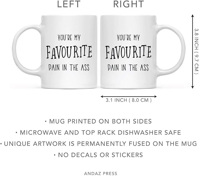 Andaz Press Valentine’s Day Funny 11oz. His Her Couples Coffee Mug Gift, You're My Favourite Pain In the Ass, 1-Pack, Gift Box