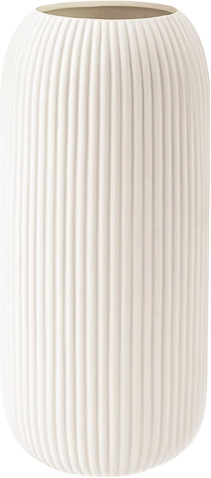 White Ceramic Vase for Flowers, Tall Home Decor Vase with Ribbed Texture, Vases for Centerpieces, Farmhouse Decor, Living Room, Christmas Decor Bedroom, Table, and Kitchen Shelf (10.2 in)