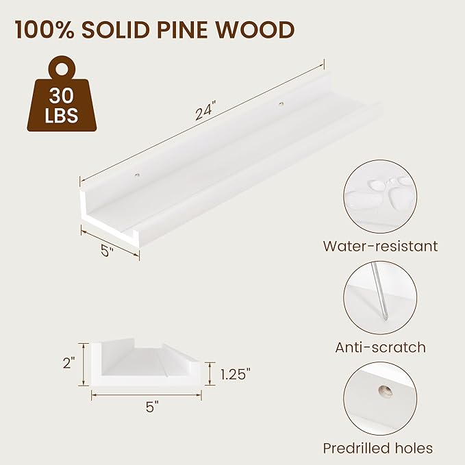 Picture Ledge Shelf, Solid Pine Wood Rustic Floating Shelves for Wall, 24 Inch Floating Shelves with Lip for Bedroom Kitchen Living Room Nursery Display Wall Decor, Set of 2 (White)