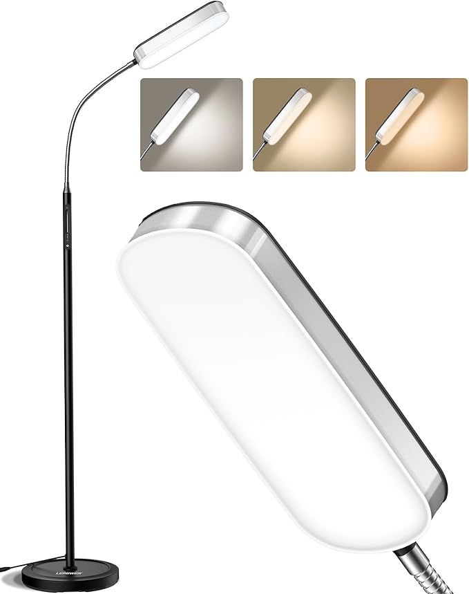 LEPOWER Floor Lamp, Eye-Caring LED Standing Lamp with 5 Color Temperatures, Stepless Dimmer & 3 Timer Function, Bright Adjustable Reading Lamp for Living Room, Office, Bedroom