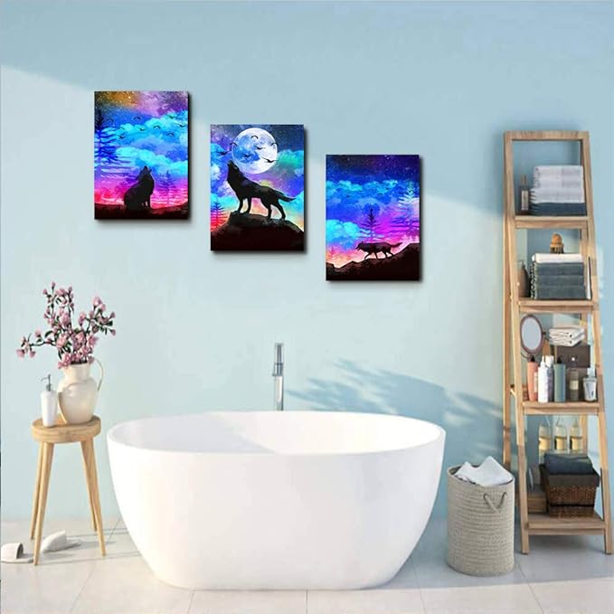 Canvas Wall Art For Living Room Wall Decor For Bedroom Kitchen Canvas Art Prints Artwork Modern Framed Room Home Decorations Blue Starry Sky Landscape Paintings Wolf Office Hang Pictures 3 Pieces