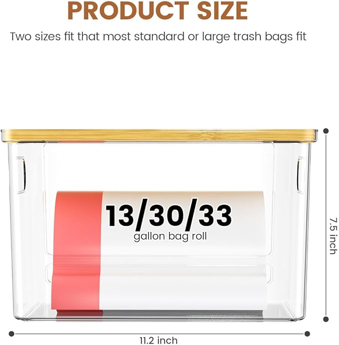 Trash Bag Dispenser 2-Pack, Stackable Trash Bag Holder with Bamboo Lid – Clear Plastic Garbage Bag Organizer for 13/30/33 Gal Bags, Space-Saving Under Sink Organizer for Kitchen, Laundry, Pantry