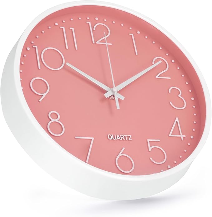 Wall Clock 10 Inch Non-Ticking Silent Modern Simple Style Round Decor Clock Peach Pink Stereoscopic Dial Quartz Wall Clocks for Home/Office/School/Living Room/Bedroom/Kitchen