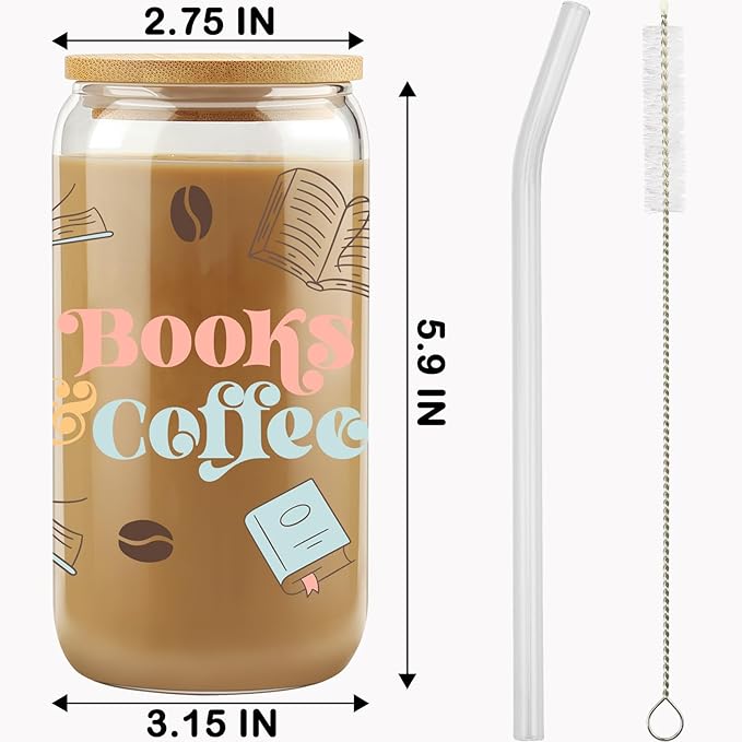 Book Lover Gift, Books & Coffee Glass Tumbler 16 oz, Gifts for Her, Bookish Gifts, Bookworm Club Gift, Secret Santa Present, College Birthday Reading Presents, Iced Coffee Glass with Lid and Straw