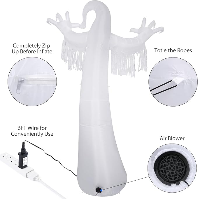 Sizonjoy 12 FT Halloween Decoration Inflatable Ghost, Blow Up Animated Red Eyes Ghost with Build-in LEDs, Outdoor Scary Inflatable Decoration for Front Yard, Porch