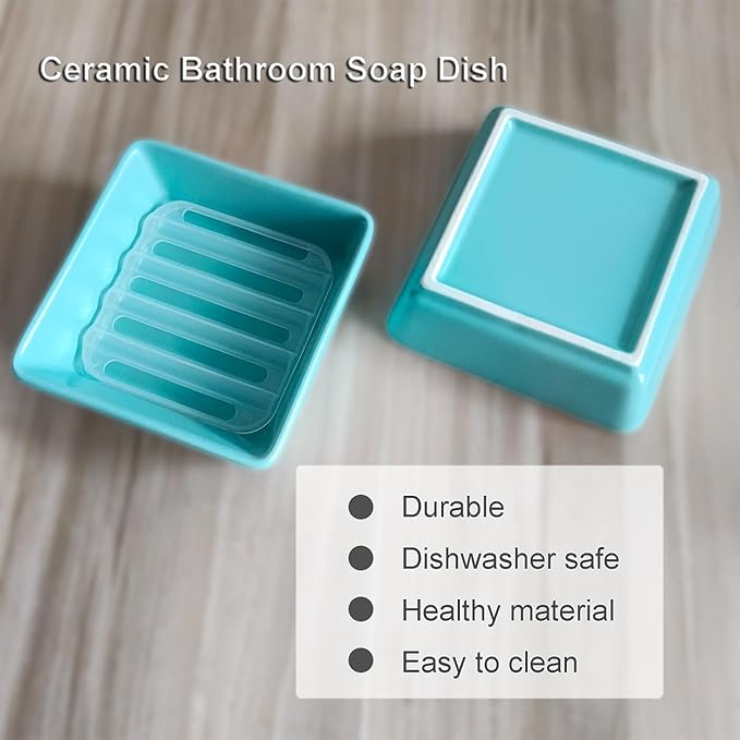 Square Soap Case Ceramic Soap Tray Fit Dr. Squatch Natural Bar Durable Soap Holder for Shower Home Bathroom Soap Dishes Daily Use Sink Bathtub (Blue)