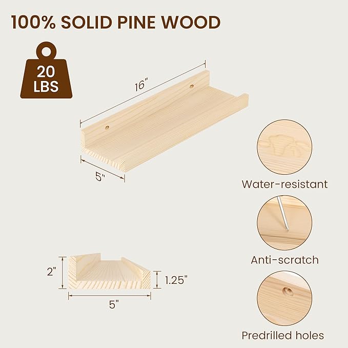 Picture Ledge Shelf, Solid Pine Wood Rustic Floating Shelves for Wall, 16 Inch Floating Shelves with Lip for Bedroom Kitchen Living Room Nursery Display Wall Decor, Set of 2 (Natural)