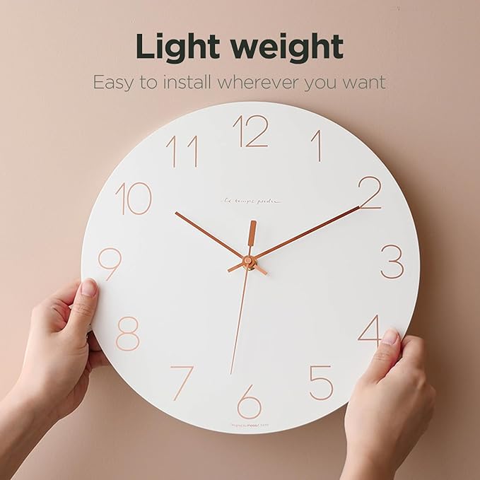 mooas Flatwood Wall Clock (Rose Gold),12" Non-Ticking Sweep Movement Decorative Battery Operated Wall Clock for Home Living Room Kitchen Bedroom Office School