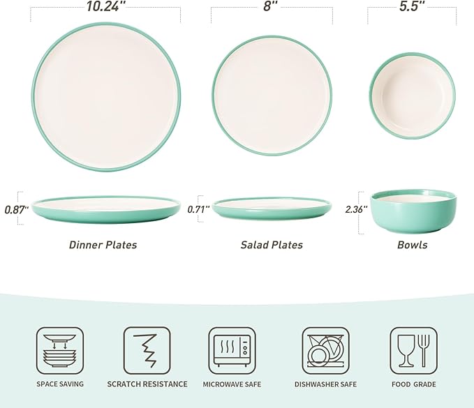 Famiware Lake MacDonnell Plates and Bowls Set for 4, 12 Pieces Dinnerware Sets, Handcrafted, Stoneware Dishes Set, Green and Beige