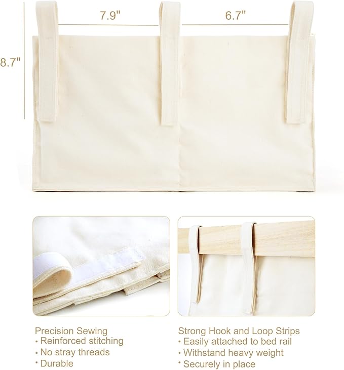 Mkono Bedside Caddy Hanging Organizer, Bunk Woven 7 Pockets Bed Storage Bag Boho Remote Magazine Books Holder with Macrame for Loft Bed College Dorm Bedroom Baby Bed Rails, Ivory