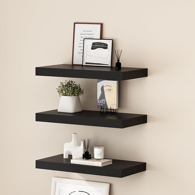 WELLAND 16 inch Black Mission Floating Shelves for Wall, Bathroom Wall Mount Shelves, Wood Modern Display Shelves, Book Shelves,for Bedroom,Living Room and Kitchen