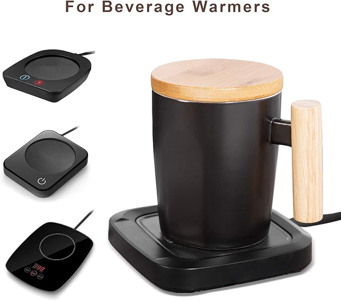 HOWAY Flat Bottom Mug with Wood Lid, Ceramic Tea Cup for Coffee Warmer, Flat Bottomed, Wooden Handle, 14oz