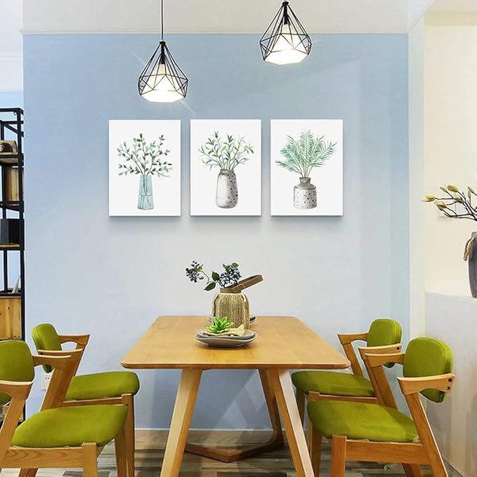 AHUASJART Canvas Wall Art Paintings For Kitchen Dining Room Family Wall Decor For Bedroom Wall Decoration For Living Room Office Decor Green Leaf Vase Wall Pictures Artwork For Home Walls 3 Piece
