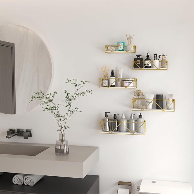 CRUGLA Gold Floating Shelves Wall Mounted Set of 5, Hanging Storage Floating Shelf for Bathroom, Kitchen, Bedroom, Living Room