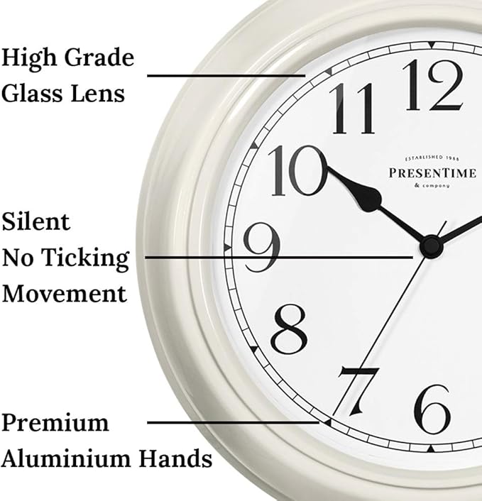 Presentime & Co Chic Home Collection 10" Molly Clock, Silent No Ticking, Cream White. Modern Decorative Wall Clock for Kitchen, Kid's Room, Bathroom, Bedroom, and Office