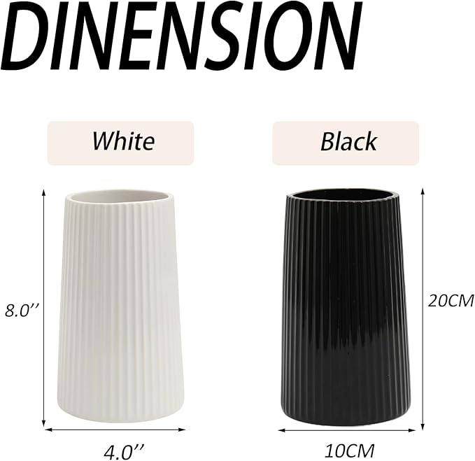 Black Ceramic Vase for Flowers, Large Modern Black Vase for Home Decor, Decorative Vase for Living Room, Office, Mantel, Shelf, Dining Table, 8 inches
