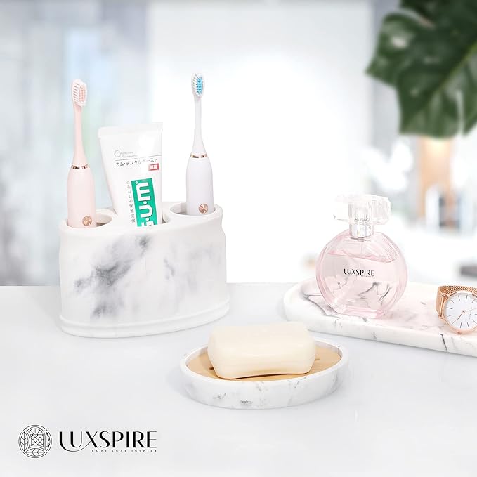 Luxspire Soap Dish Tray, Resin Soap Dish, Bamboo Soap Bar Holder Box for Shower Kitchen Sink, Double Layer Draining Soap Container Box, Wood Case, Bathroom Marble Pattern Tray, Gravel White