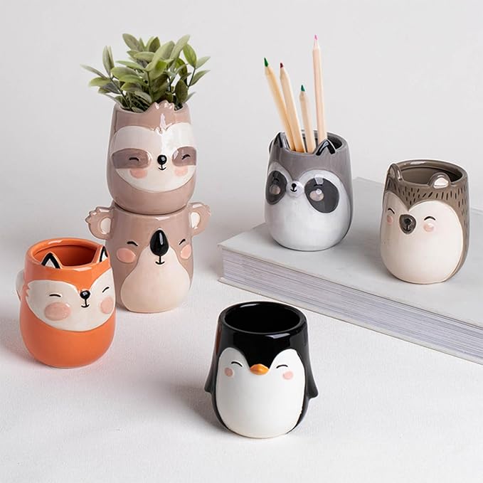 Penguin Animal Ceramic Planter for Indoor and Outdoors, 3 x 3 x 4 in., Cute Hand Painted Designed in Argentina, Convenient Drain Hole